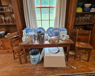 Childs Table and Chairs, Blue Transferware Plates.