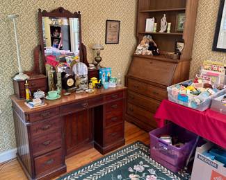Mahogany dressing table $100, Oak secretary $100, misc dresser items, porcelain figures, etc $5-25
