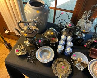 Silverplate items most $10-25, large pottery vase $25, 