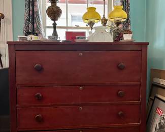 Cherry chest $50, oil lamp, student oil lamp, milk glass lampshade, framed Life Magazine