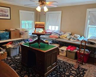 Walnut Desk and Chair, Quilts, Oriental Rug.