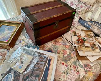Small vintage trunk $50, misc paper dolls, wall paper rolls, magazines most $5