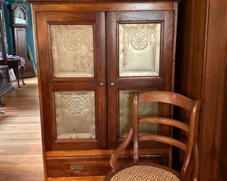 Tin panel pie safe $100, cane seat chair $10