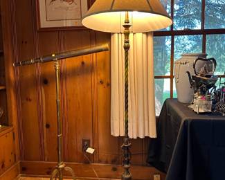 Brass telescope $100, Cast Iron floor lamp $100