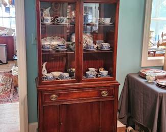 Mahogany China Cabinet, Misc. Cups and Saucers.