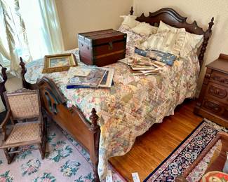 Mahogany bedframe $50, small vintage trunk $50