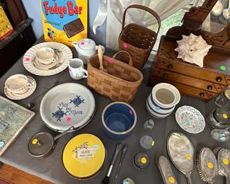 Handheld vanity mirrors $10-25, vanity jars and items $5-25, carved oak jewelry chest $50, glass and porcelain vases, pitchers etc. most $5-10, woven baskets $10