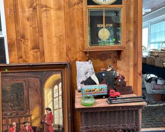 Wicker side table $50, Regulator clock $50, decorative items $5-10