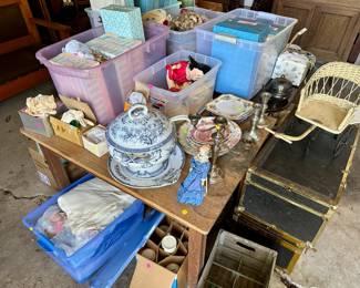 Garage items, including vintage dolls, trunks, porcelain tableware, silverplate candelabra, etc