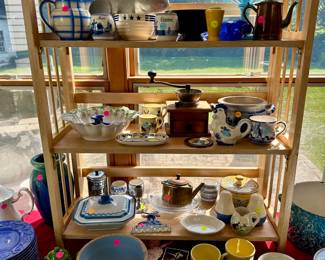 Various ceramic plates  and serving pieces most $5-10, pitchers $5-10, covered tureen $25, metal bunny mold $25, various copper pieces most $10, coffee grinder $25
