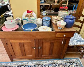 Walnut dry sink $350, various ceramic and sponge decorated tableware most $5-25, The Royal stoneware crock $50