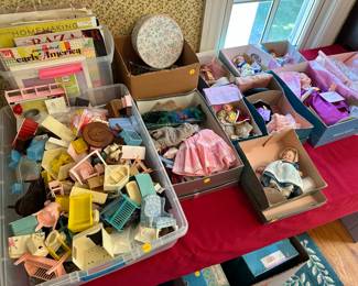 Vintage dolls and a box of dollhouse furniture and accessories $25 each