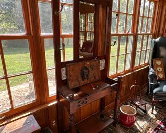 Walnut hall tree $100, horse themed wall hanging $25