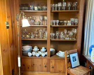 Gooseneck floor lamp $100, various glass drinkware most $1-5 each, white Limoges style porcelain dinnerware set (approx. 70 pcs) $100, Chesterfield Cigarette ad print $10