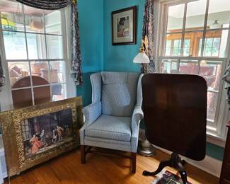 Wing Chair, Fire Screen, Mahogany Table.