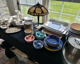 Ceramic tableware most $10-25, bent panel lamp with broken panel AS IS $50, metal cookware $5-10