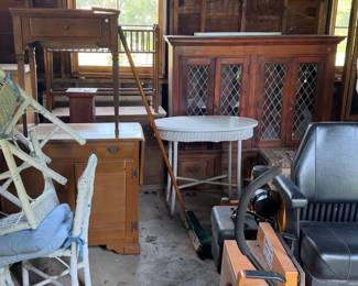 Barn items, painted wicker furniture, misc furniture, RIDING LAWN MOWER NOT FOR SALE