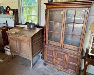 Garage items, including a buffet, country slant front cupboard