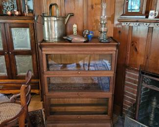 Stacking Oak Bookcase, Brass Water Jug, Pie safe.