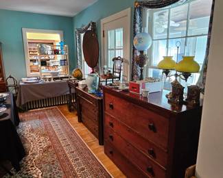 Large Persian Rug, Cherry Dresser, Student Lamp, Childs Chair.