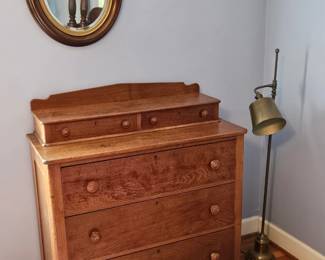 Walnut Chest,  Oval Walnut Mirror, Pole Lamp.