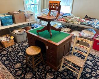 Walnut knee hole desk $350, office chair $125, painted rocker $10, walnut stool $10