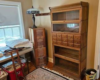 Oak stacking bookcase with card file, Oak file cabinet, Panel lamp, Quilts .