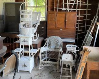 Barn items, painted wicker furniture, misc furniture