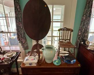 Walnut tilt top lampstand $25, ceramic vase $25, child's chair $25, figural Van Briggle pottery bowl $100, covered tureen $10, glass low bowl $10
