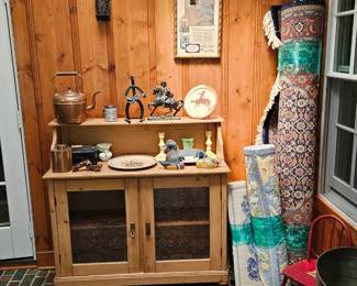Pine Sideboard, Copper Kettle, Oriental and Hooked Rugs.