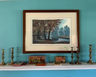 Framed artist signed print $50, brass candlesticks $10-25