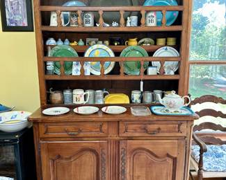 18th century Country French Cherry hutch $450, ceramic plates and tableware most $5-10