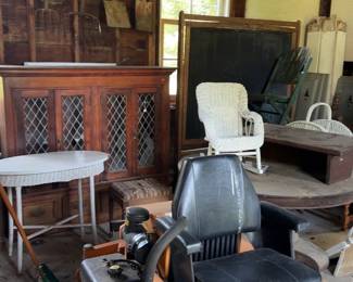 Barn items, painted wicker furniture, misc furniture, RIDING LAWN MOWER NOT FOR SALE