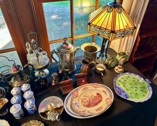Silverplate items most $10-25, porcelain tableware $5 each, various bookends and paperweights most $10,  sugar and creamer $5 each, repro stained glass lamp $25