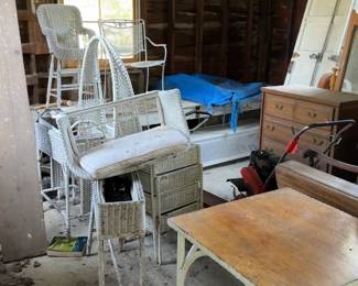 Barn items, painted wicker furniture, misc furniture