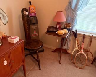 Small table with drop leaf and Hoover vacuum, square table with double doors and round chair