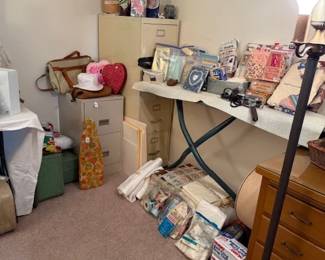 File cabinest, luggage, (2) ironing boards and craft items
