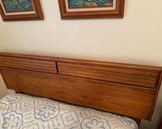 Full size mid-century headboard with frame and mattresses
