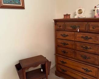 Magazine table, hand painted picture and chest of drawers in heavy wood