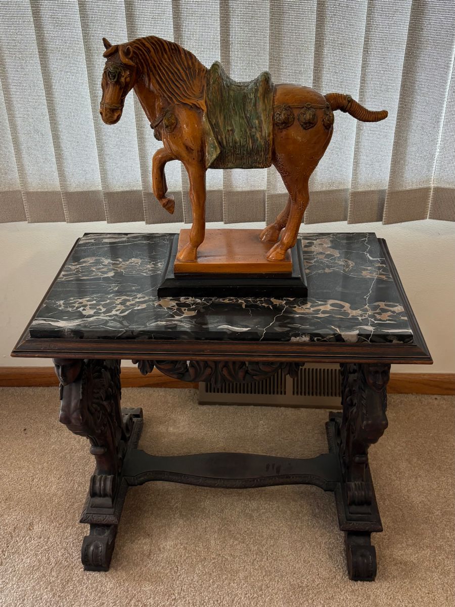 MCM Chinese Tang Dynasty Horse & Renaissance-Style Carved Wood and Marble Side Table 