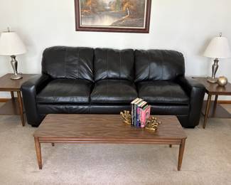 Leather Couch & MCM Coffee Table w/ Side Table Set 
