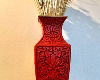 Vintage Chinese Red Cinnabar Style Vase with Floral Carving – Square Pedestal Design