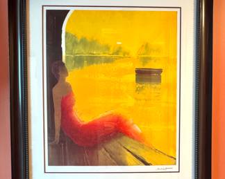 Claude Bellet Signed Limited Edition Print – Woman in Red Dress by the Lake