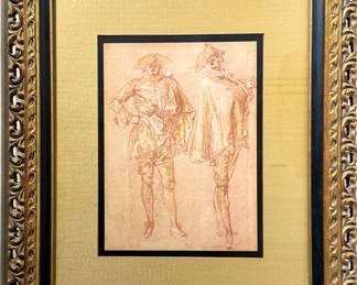 Framed Vintage Sketch of Two Figures in Period Costume