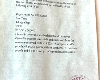 Certificate of Authenticity – Hua Chen “Taking a Nap” 2005, Park West Gallery