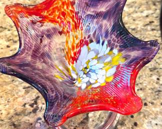 Vibrant Murano Style Hand-Blown Glass Art Bowl – Multi-Color Flower Form Centerpiece