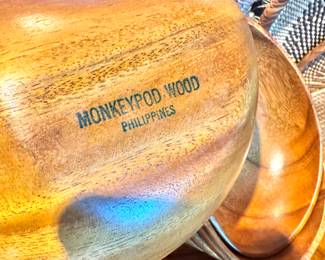 Vintage Monkeypod Wood Salad Set – Handcrafted Philippines Mid-Century Serving Bowls & Utensils