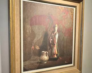 Framed Vintage Painting – Still Life with Oriental Figure, Jug & Horses – Signed Artwork in Gilt Frame