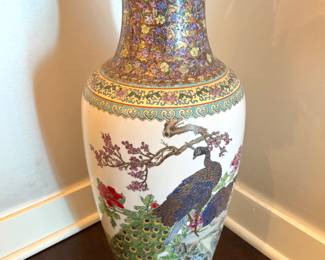 Vintage Porcelain Floor Vase Chinese Peacock Bird Sakura Flowers 