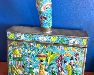 Antique Chinese Cloisonné Enamel Matchbox Holder with Handle – Colorful Figural Design
